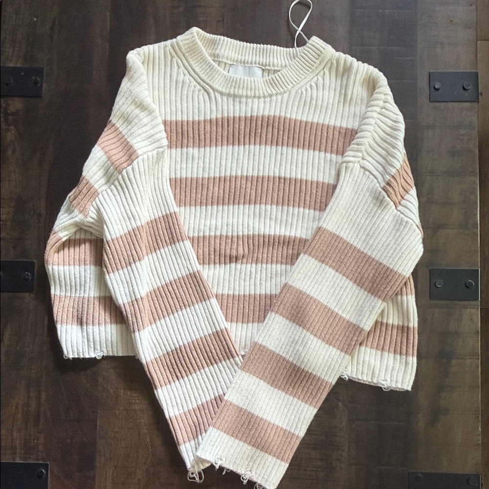 Pink Rose Striped Crewneck Sweater in Cream & Blush